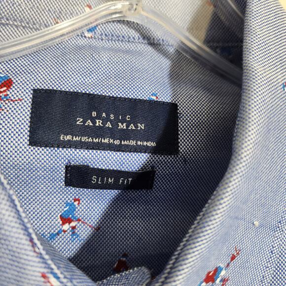 Basic Zara Man hockey player print button front long sleeve shirt men's size M - Picture 5 of 10